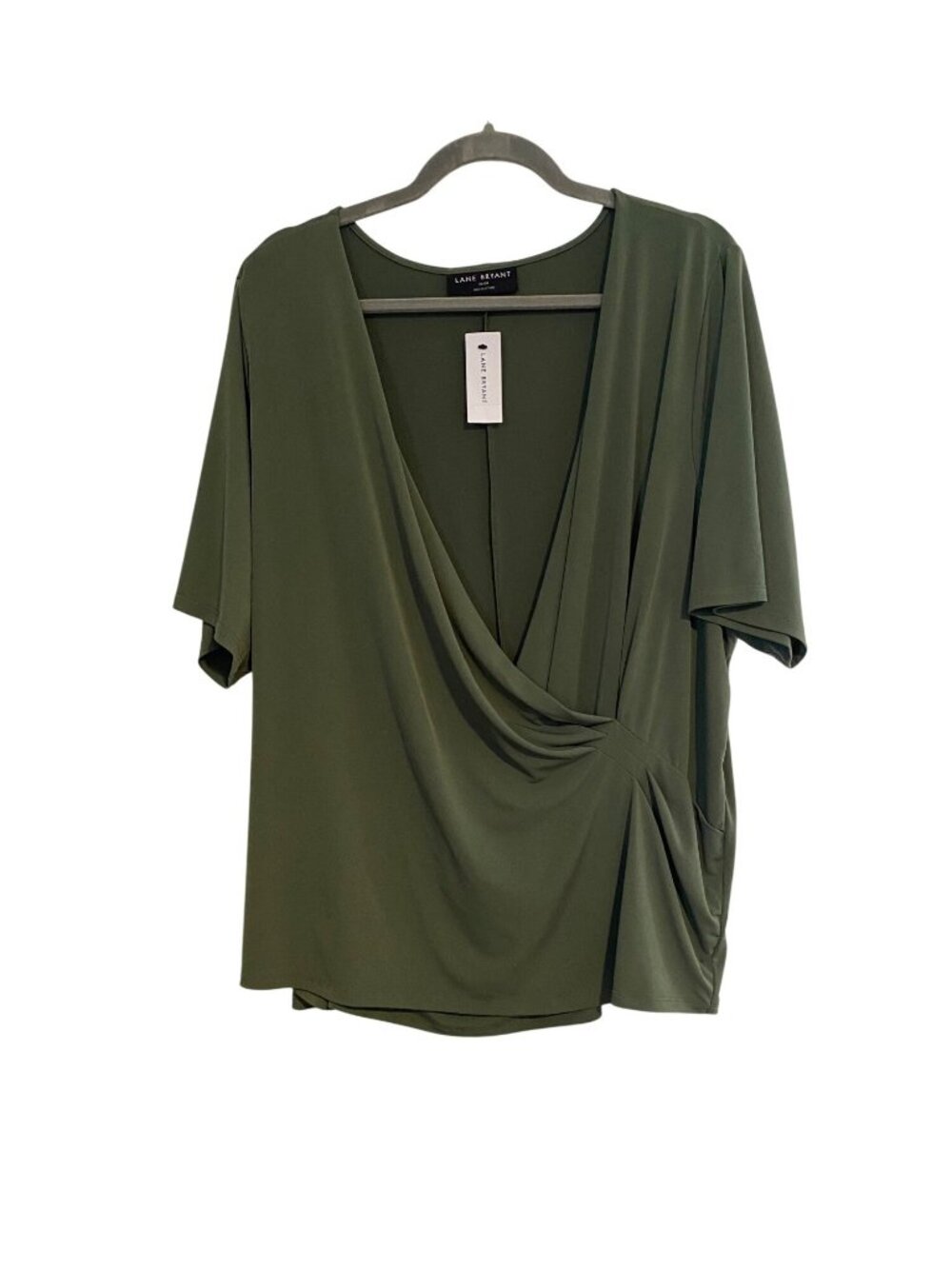 Lane Bryant Women's 22/24 Olive Green Blouse Faux Wrap Short Sleeve Top Office